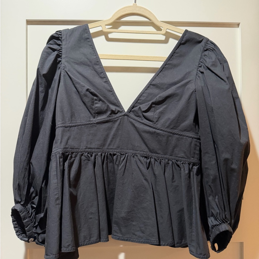 STAUD Black V-Neck Blouse with Puff Sleeves
